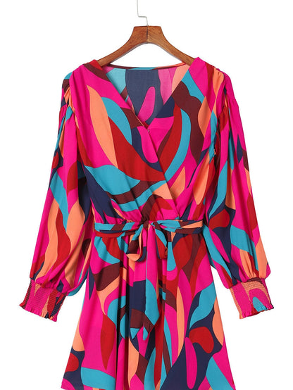Lapel Print Lace-Up Long Sleeve Dress