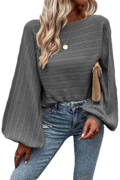 Elegant Dark Grey Eyelet Textured Knit Sweater with Lantern Sleeves