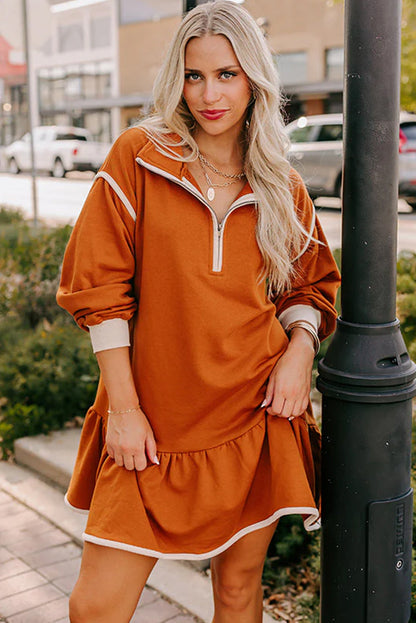 Gold Flame Contrast Trim Zipped Collared Drop Shoulder Terry Dress