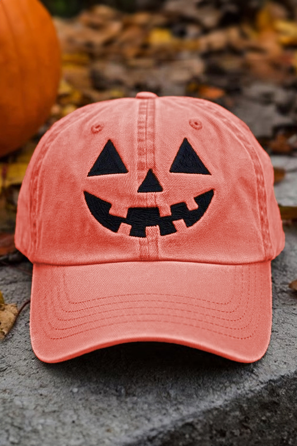 Orange Halloween Embroidered Jack-o-lantern Pumpkin Washed Hat