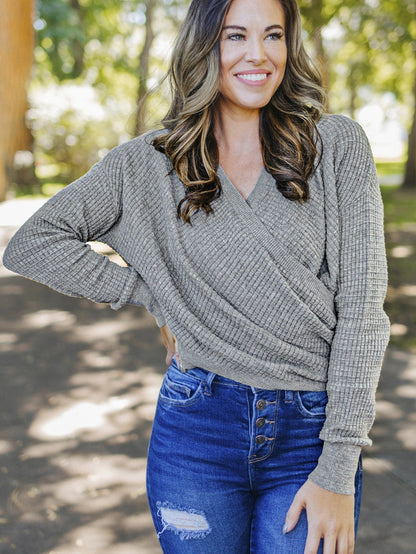 Khaki Reversible V-Neck Waffle Knit Sweater