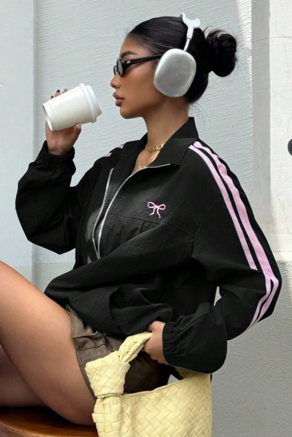 Black Bow Embroidered Detail Zip Up Sweatshirt Womens Jacket