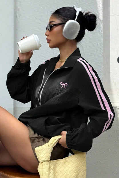 Black Bow Embroidered Detail Zip Up Sweatshirt Womens Jacket