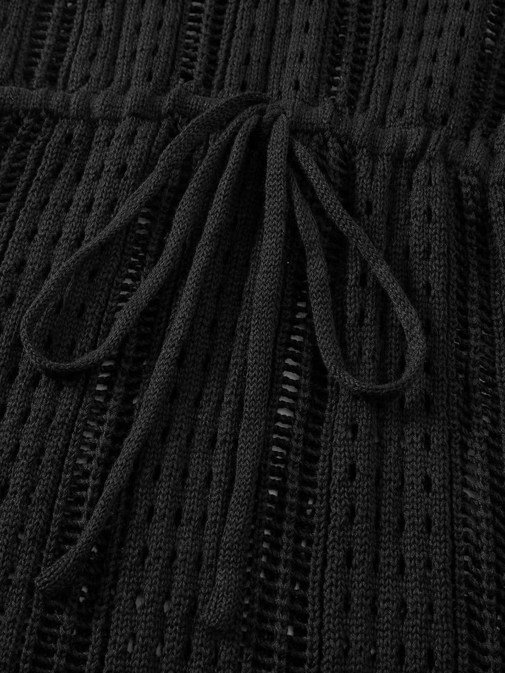 Boho Black Crochet Beach Dress with Drawstring & Hollow-out Detail