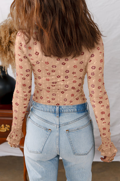 Apricot Floral Print Smocked Cuff Slim Fit Mesh Bodysuit