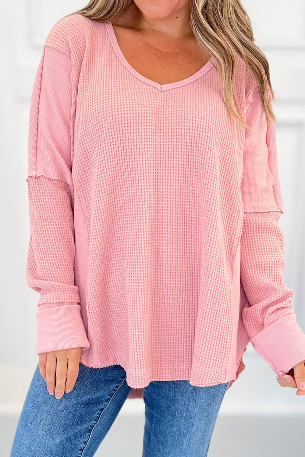 Pink Waffle Knit Patchwork Loose Casual Top