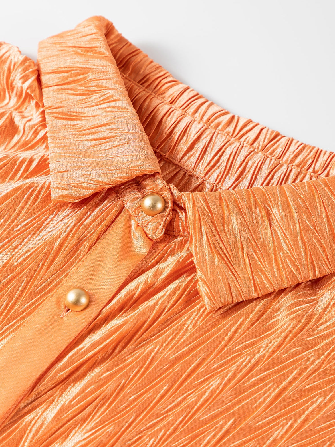 Grapefruit Orange Crinkled Texture Button-up Blouse with Wide Sleeves