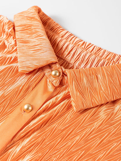 Grapefruit Orange Crinkled Texture Button-up Blouse with Wide Sleeves