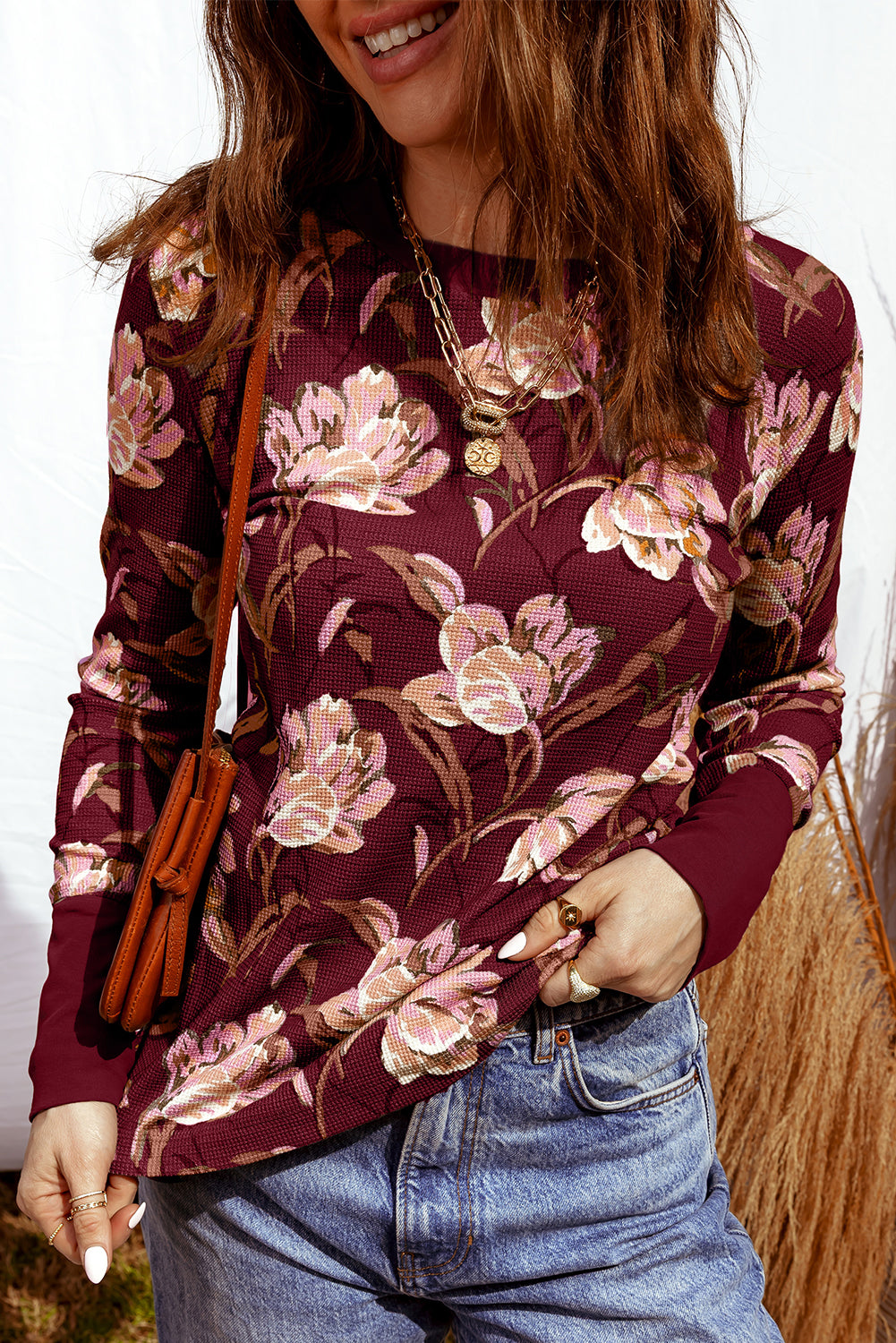 Red Floral Print Waffle Textured Long Sleeve Top