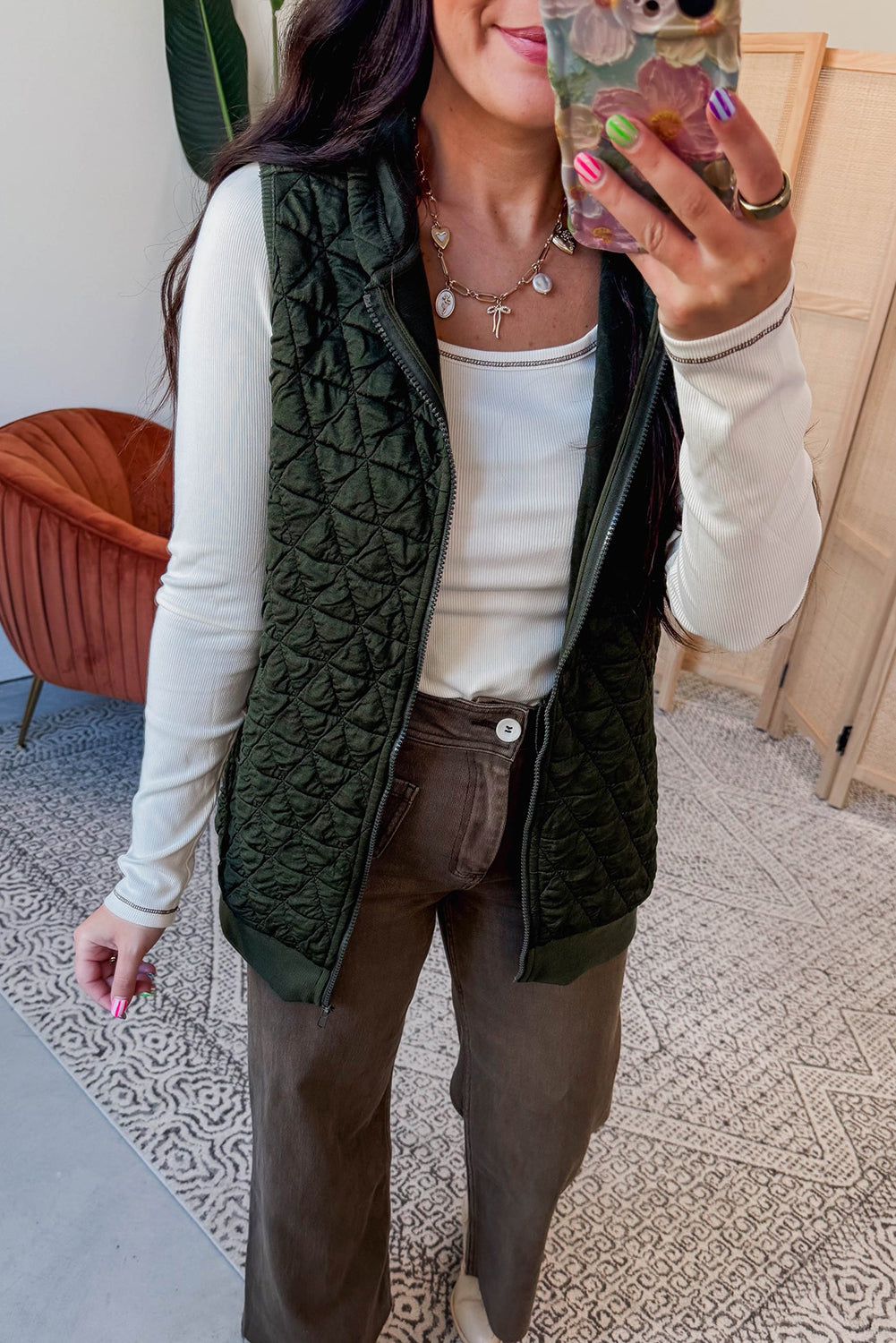 Blackish Green Quilted Texture Zip Up Hooded Vest