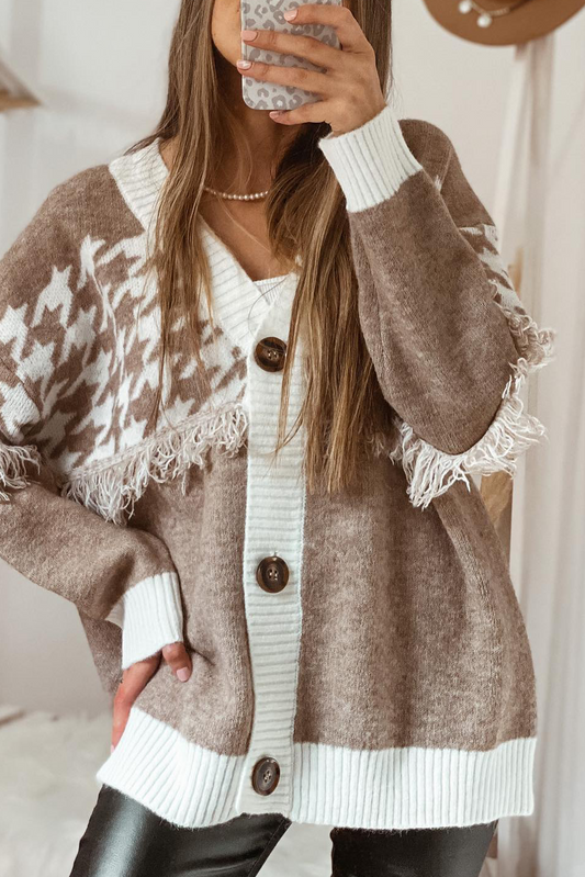 Khaki Houndstooth Color Block V Neck Raw Edge Button Front Cardigan
