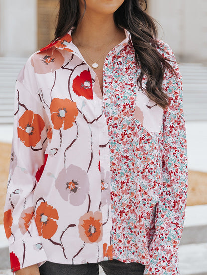 Fiery Red Floral Patchwork Button-Up Blouse with Front Pocket