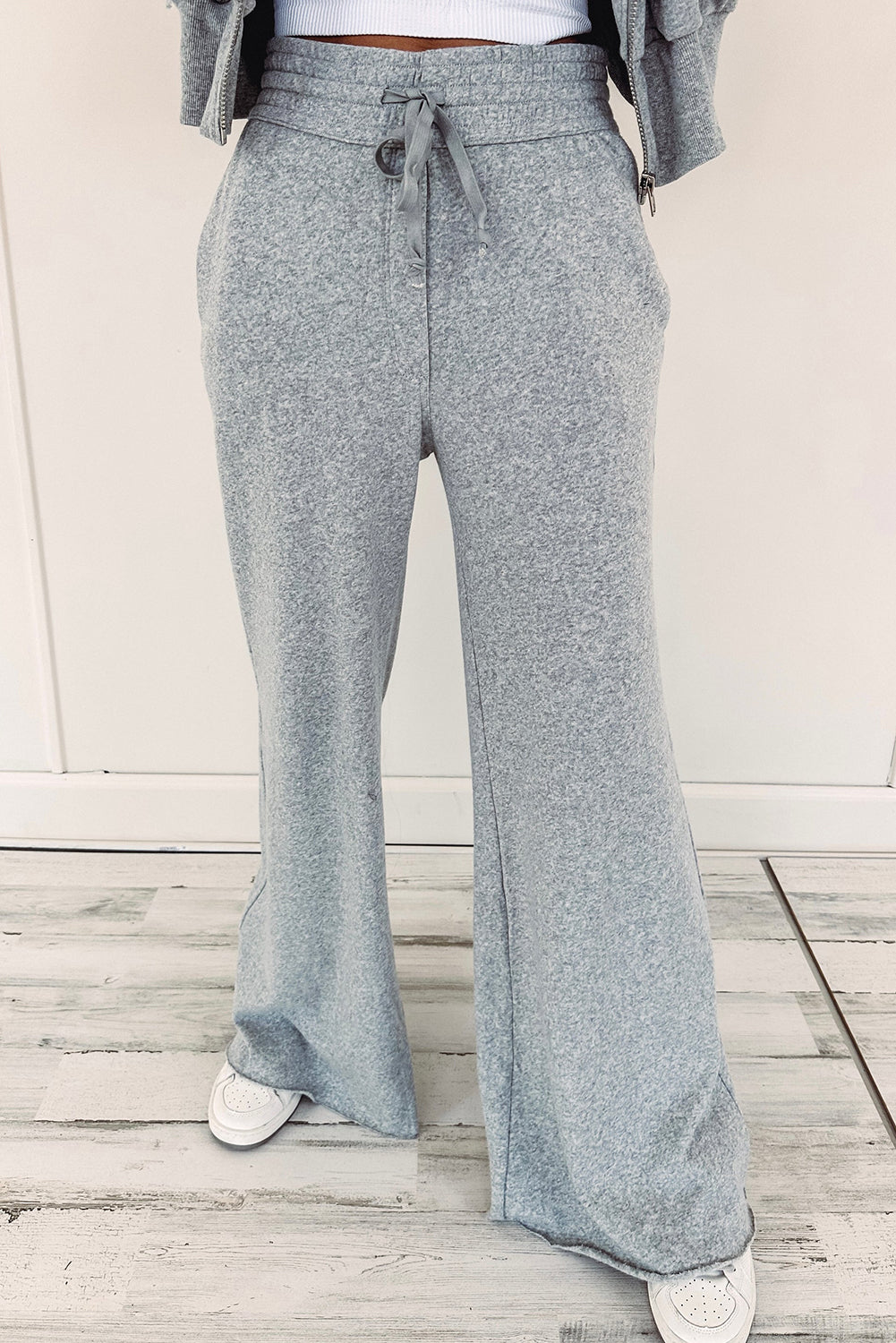 Light Grey Zip Up Hoodie and Drawstring Pants 2 Piece Set