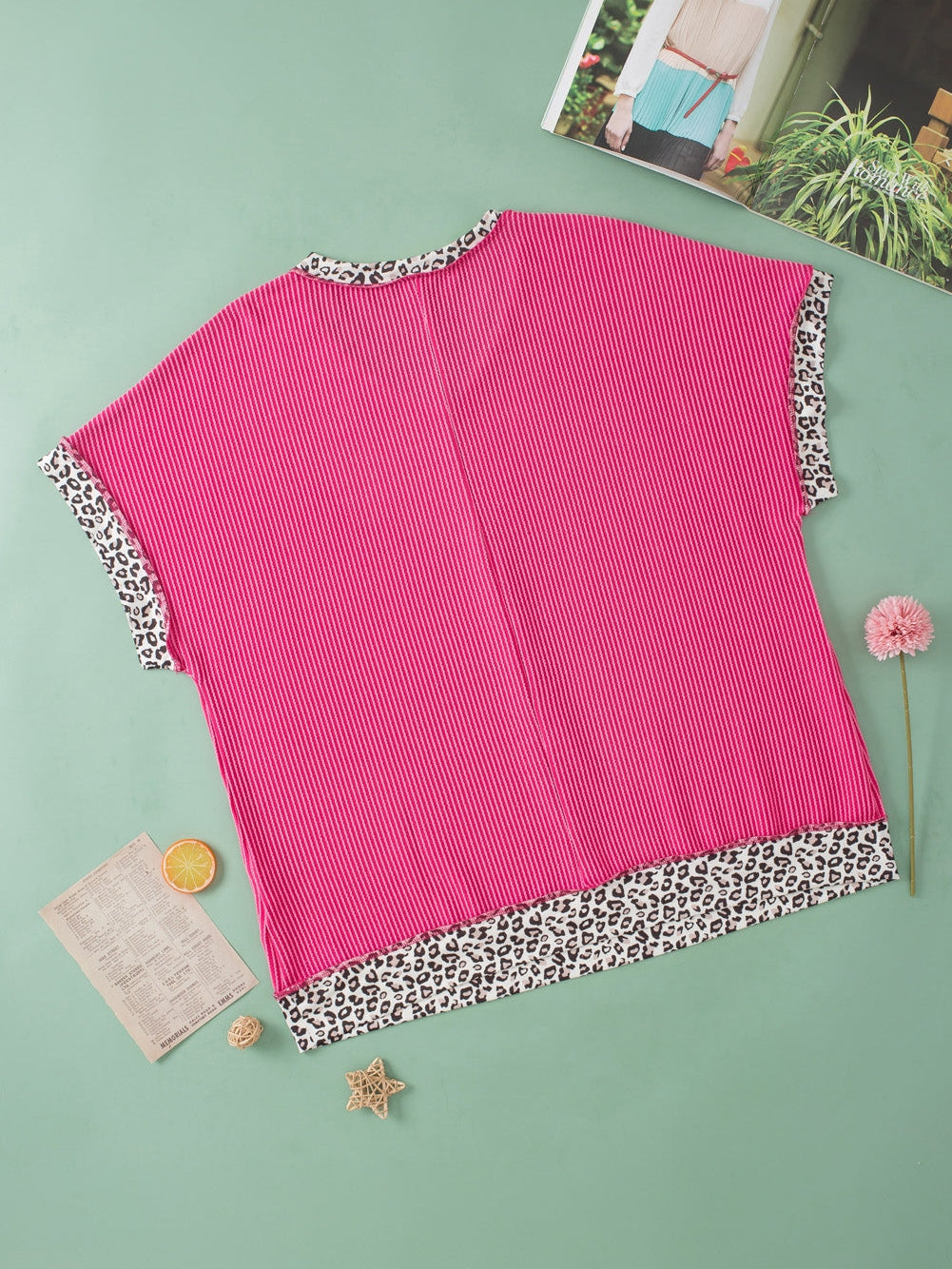 Rose Red Leopard Trim V Neck Short Sleeve Plus Size Corded Top