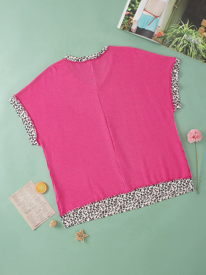 Rose Red Leopard Trim V Neck Short Sleeve Plus Size Corded Top