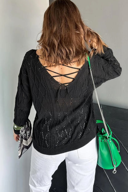 Black Geometric Textured Crisscross Lace up Knit V Neck Sweater