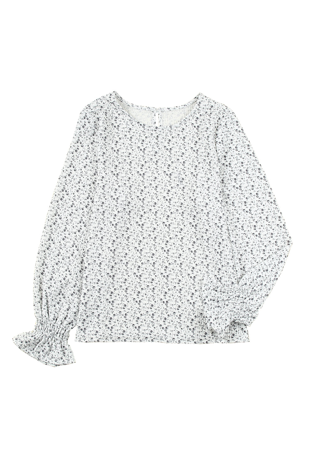 Floral Print Bubble Sleeve Black Blouse with Crinkle Texture