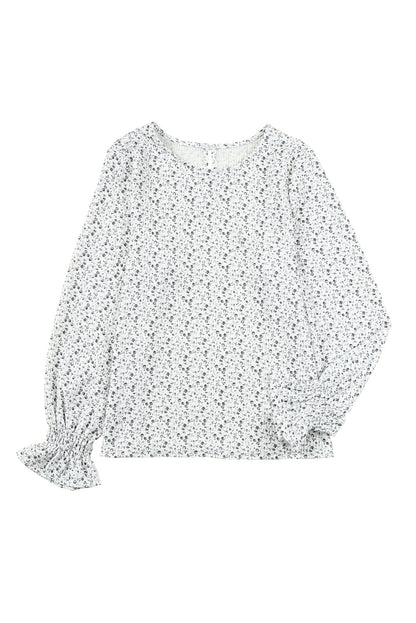 Floral Print Bubble Sleeve Black Blouse with Crinkle Texture