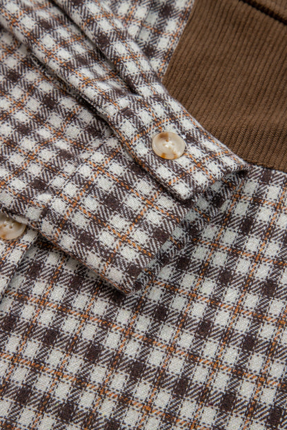 Casual Contrast Corduroy Flap Pocket Patchwork Plaid Shacket