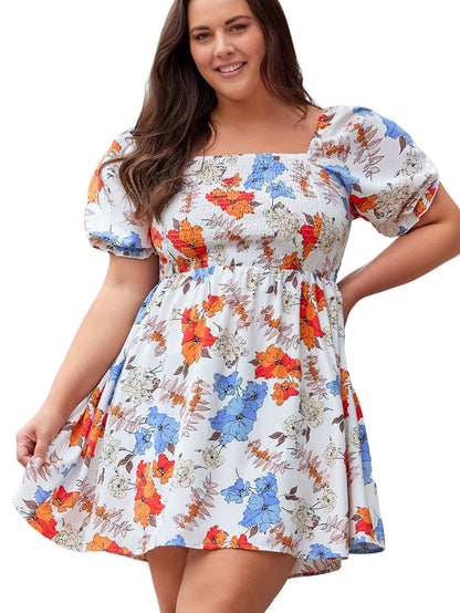 White Floral Smocked Flared Plus Size Dress
