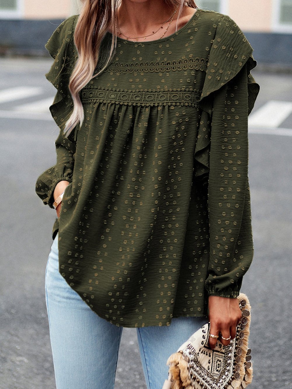 Elegant Green Lace Eyelet Shoulder Ruffle Long Sleeve Top