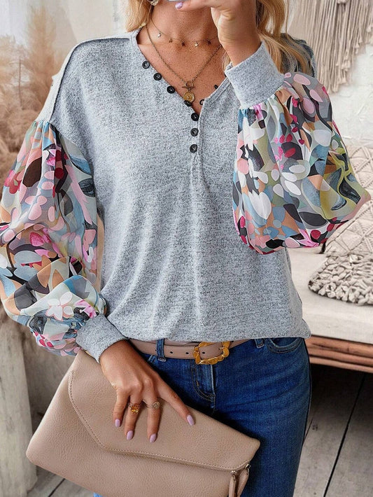 Elegant Gray Floral Lantern Sleeve V-Neck Blouse