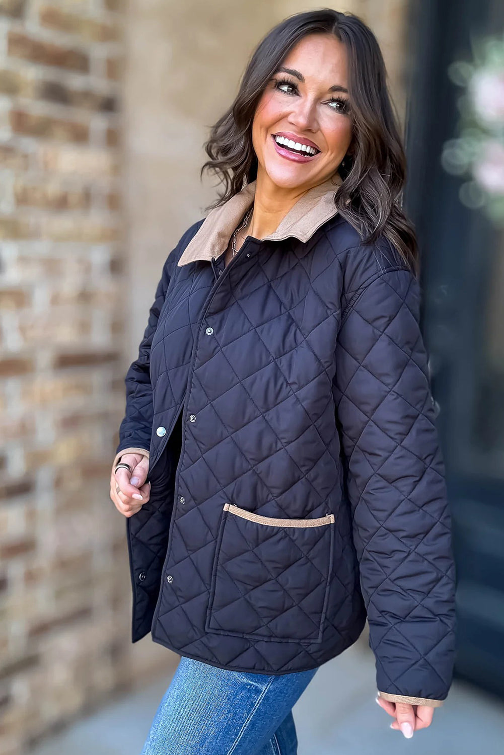 Dirty blue Snap Button Quilted Color Block Collar Pocketed Winter Jacket