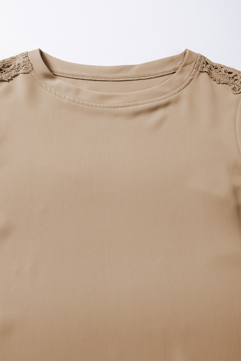 Elegant Light Beige Crochet Lace Patched Top with Crew Neck