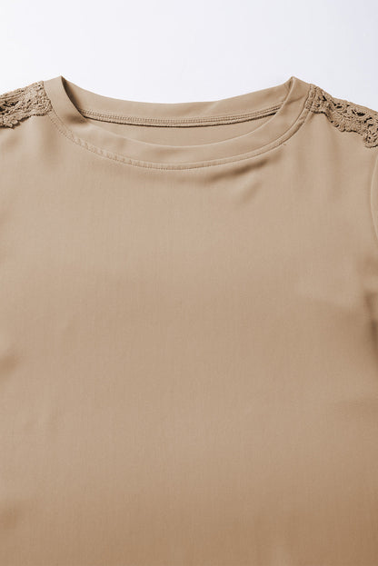 Elegant Light Beige Crochet Lace Patched Top with Crew Neck