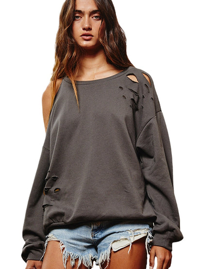 Grey Asymmetric Distressed Cold Shoulder Sweater