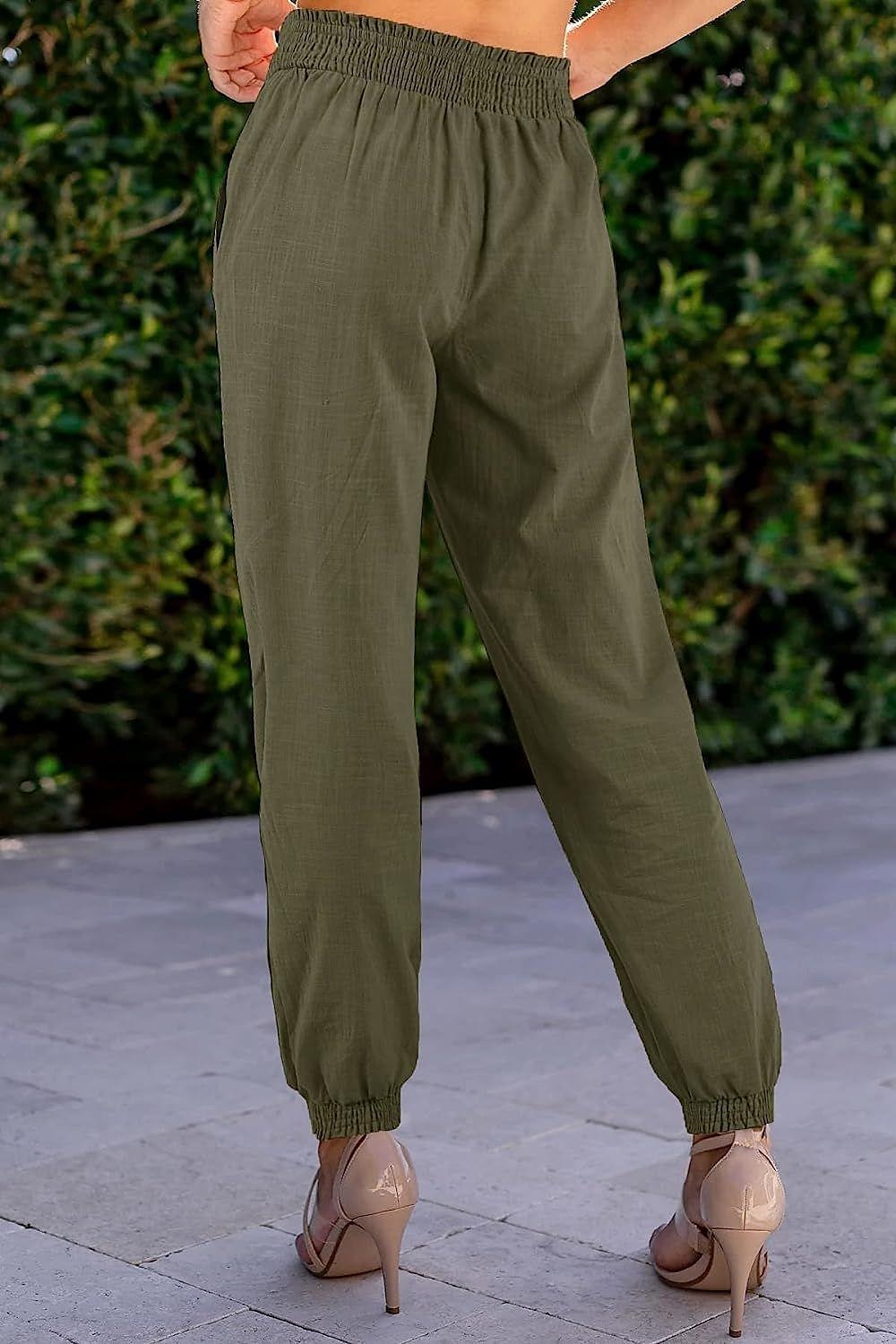 Women's Joggers Faux Linen Plain Black Khaki Fashion High Waist Full Length Street Daily