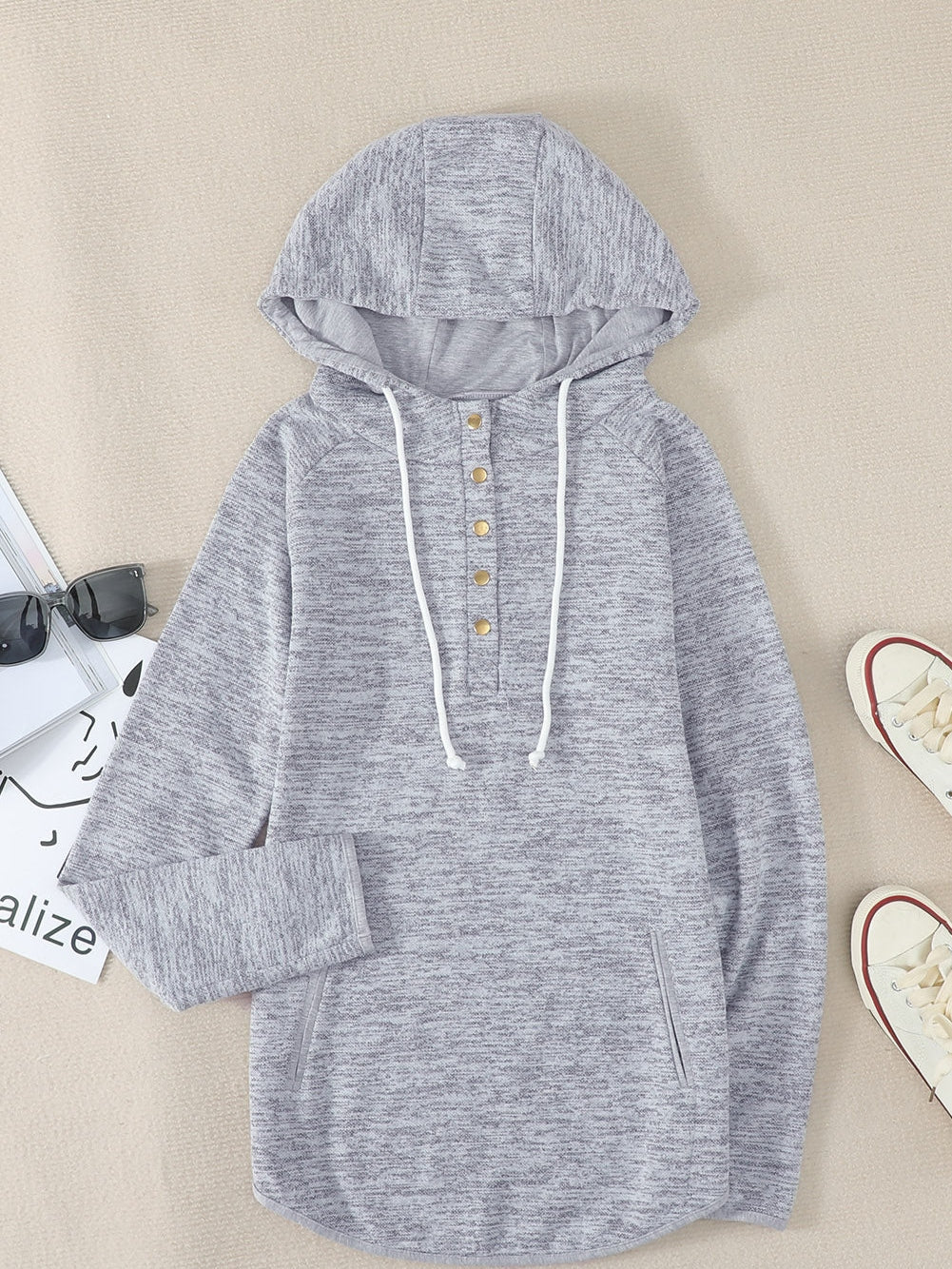 Heathered Pocketed Casual Hooded Pullover