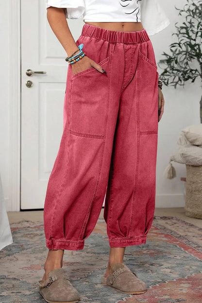 Mineral Red Vintage Washed Elastic Waist Pull On Ankle-length Barrel Jeans
