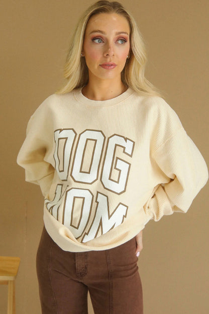 Beige Ribbed Texture DOG MOM Letter Print Oversize Sweatshirt