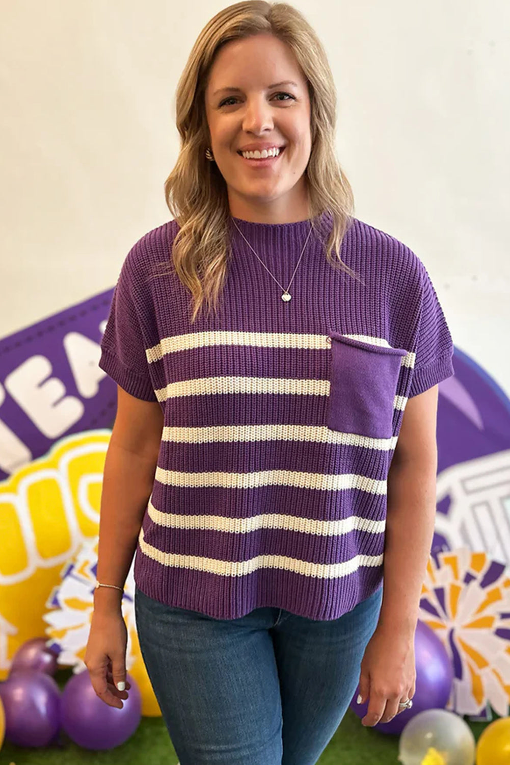 Purple Stripe Raw Edge Patched Pocket Short Sleeve Knit Sweater
