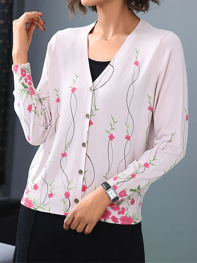Women's Cardigan Sweater V Neck Ribbed Knit Polyester Button Print Fall Winter Outdoor Daily Holiday Stylish Casual Soft Long Sleeve Animal Floral Rose black Chain black Rose navy blue S M L