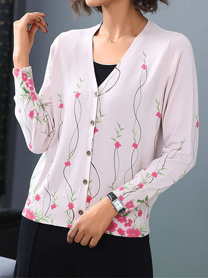 Women's Cardigan Sweater V Neck Ribbed Knit Polyester Button Print Fall Winter Outdoor Daily Holiday Stylish Casual Soft Long Sleeve Animal Floral Rose black Chain black Rose navy blue S M L