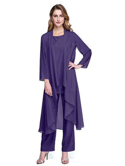Jumpsuit / Pantsuit Mother of the Bride Dress Plus Size Elegant Bateau Neck Floor Length Chiffon Sleeveless yes with Solid Color 2023 - LuckyFash™