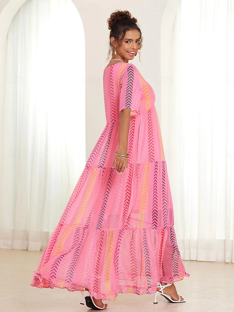 Women's Chiffon Print V Neck Long Dress Maxi Dress Party Short Sleeve Summer