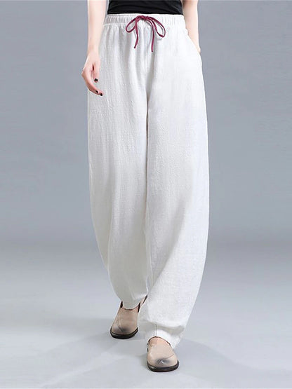 Women's Pants Trousers Linen Cotton Blend Plain Black White Vacation High Waist Full Length Outdoor Street Fall Winter