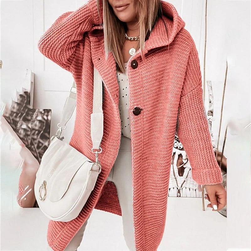 Women's Cardigan Sweater Jumper Knit Button Knitted Solid Color Hooded Stylish Casual Daily Weekend Winter Fall Green Pink S M L / Long Sleeve / Regular Fit