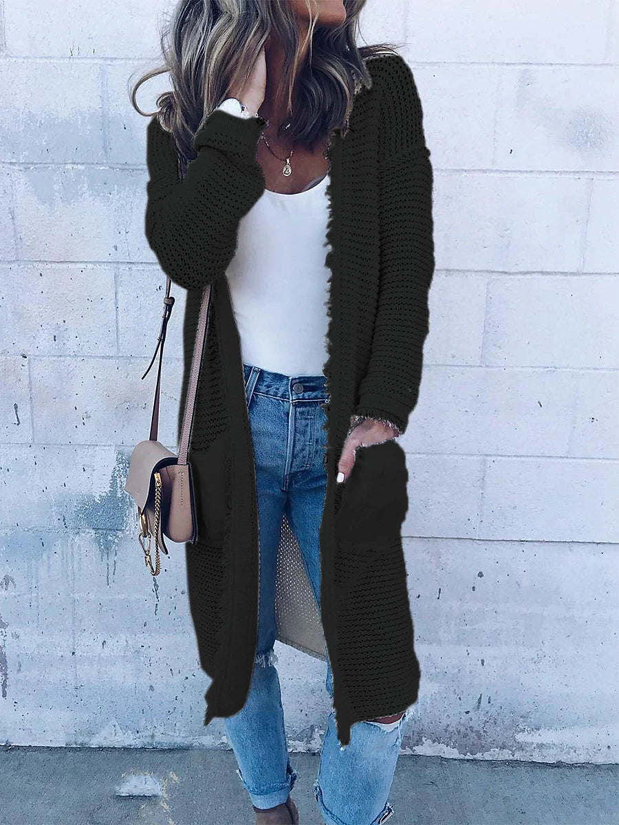 Women's Cardigan Sweater Open Front Ribbed Knit Polyester Pocket Summer Fall Long Outdoor Daily Going out Stylish Casual Soft Long Sleeve Solid Color White S M L