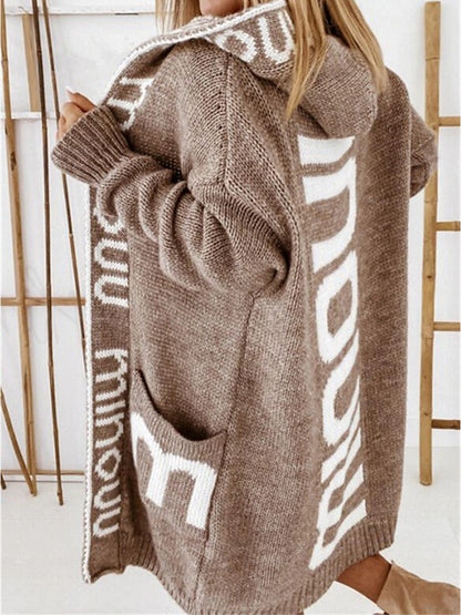 Women's Cardigan Sweater Hooded Ribbed Knit Nylon Pocket Oversized Fall Winter Long Outdoor Daily Going out Stylish Casual Soft Long Sleeve Letter Khaki Coffee Gray S M L