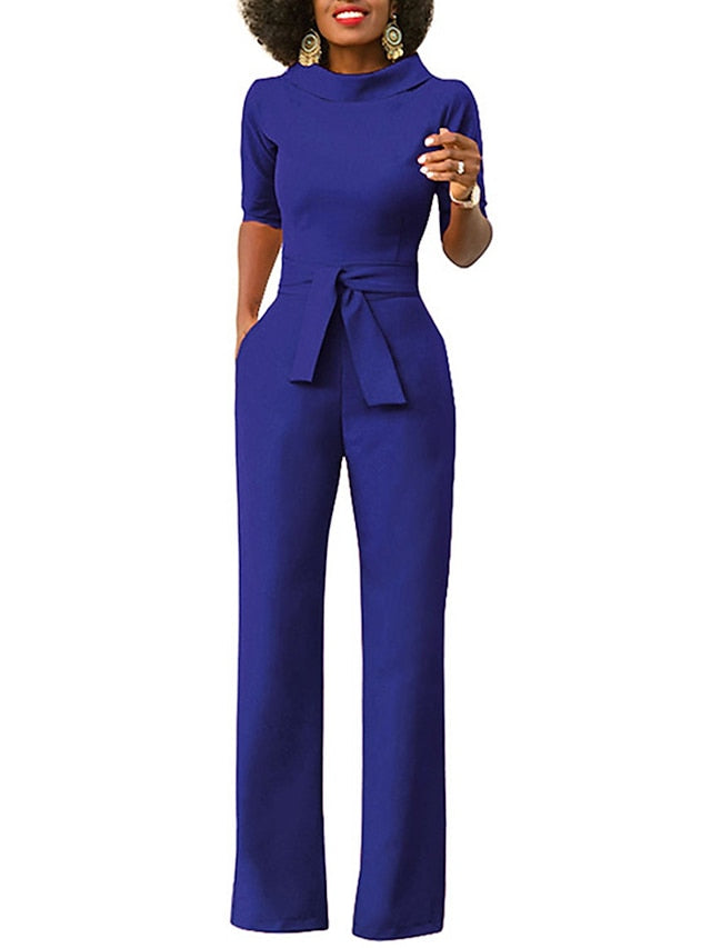 Jumpsuits for Women Summer Dressy Clean Fit Pocket High Waist Solid Color Stand Collar Business Office Work Regular Fit Half Sleeve Black White Yellow S M L - LuckyFash™