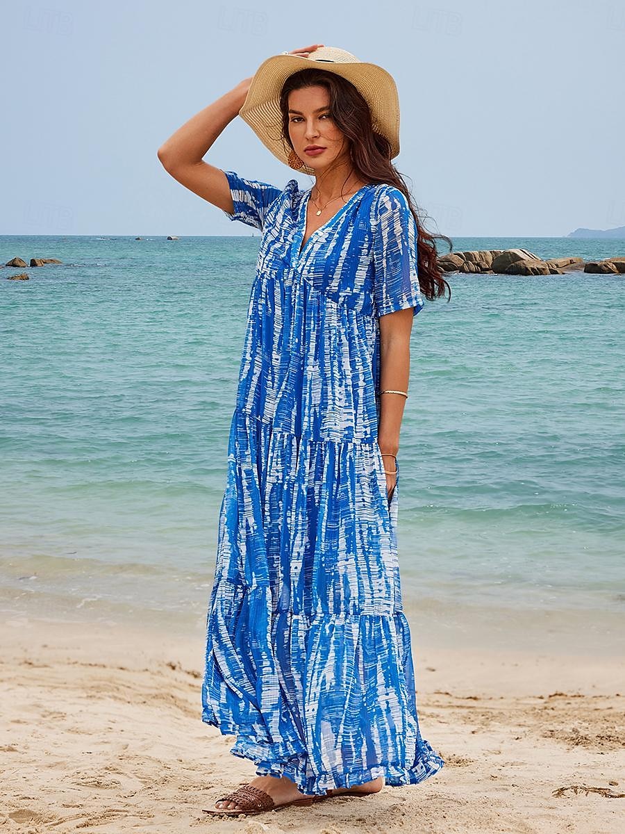 Women's Chiffon Casual Dress Print V Neck Long Dress Maxi Dress Vacation Beach Short Sleeve Summer