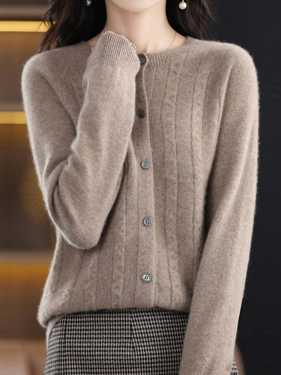 Women's Cardigan Sweater Jacket Crew Neck Cable Knit Polyester Button Knitted Fall Winter Regular Outdoor Daily Going out Streetwear Stylish Casual Long Sleeve Pure Color White Brown Apricot S M L