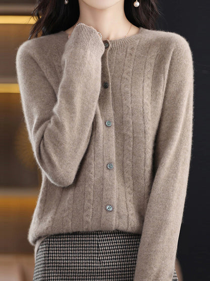 Women's Cardigan Sweater Jacket Crew Neck Cable Knit Polyester Button Knitted Fall Winter Regular Outdoor Daily Going out Streetwear Stylish Casual Long Sleeve Pure Color White Brown Apricot S M L