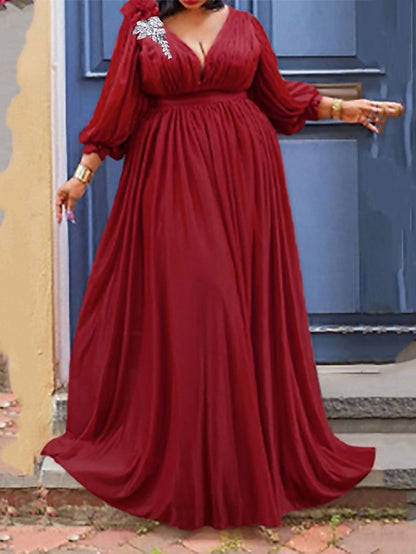 Women's Dress - Plus Size Party Dress Solid Color V Neck Ruched 3/4 Length Sleeve Spring Fall Elegant Formal Prom Dress Maxi long Dress Party Back to School Dress / Homecoming Dress