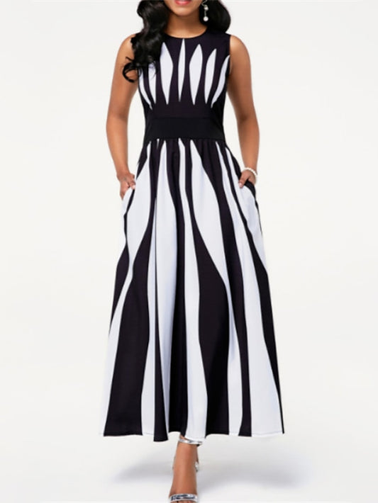 Women's Dress - Striped Casual Dress Swing Dress Long Dress Maxi Dress White Sleeveless Pocket Spring Summer Crew Neck Weekend Loose Fit 2023 S M L XL XXL 3XL 4XL 5XL