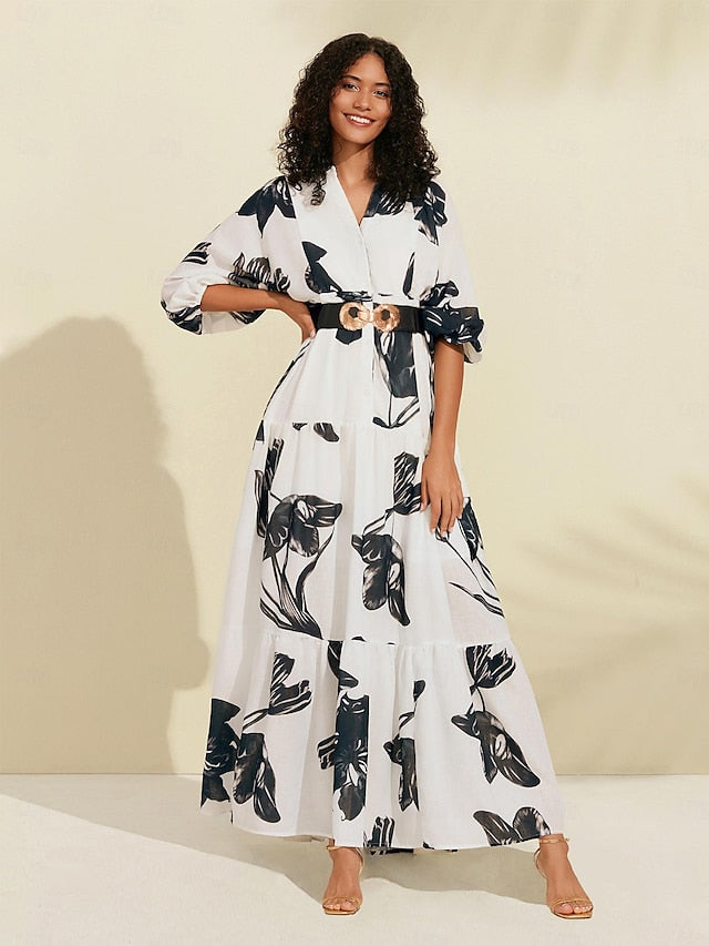 Floral V Neck Belted Maxi Dress